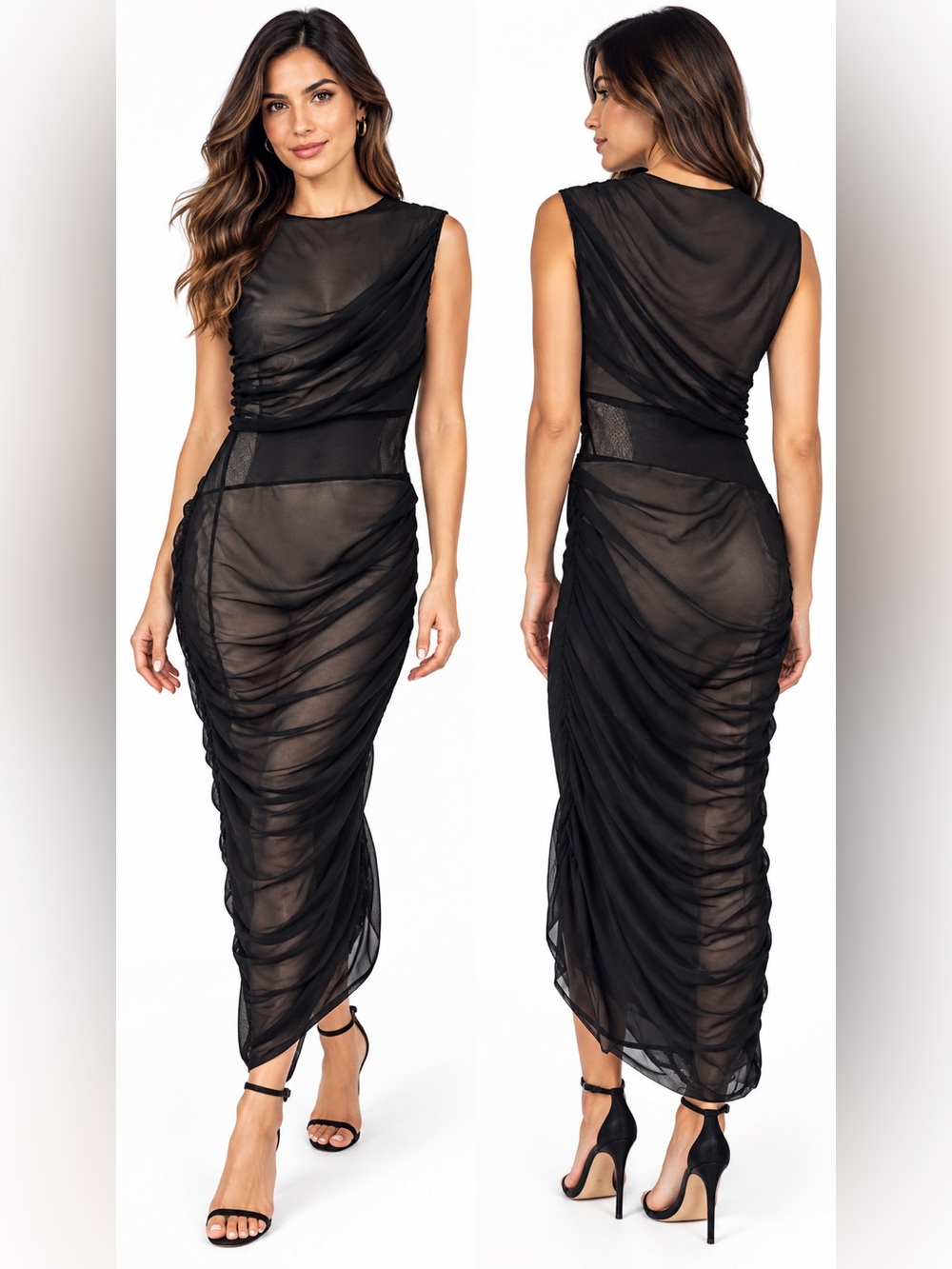 ZARA Black Sheer Mesh Ruched Draped Midi Dress Size M